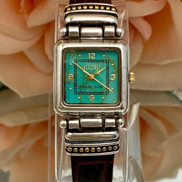 Vintage Ecclissi Sterling Silver Watch with Turquoise Dial and Gold-tone Accents - Picture 1 of 16